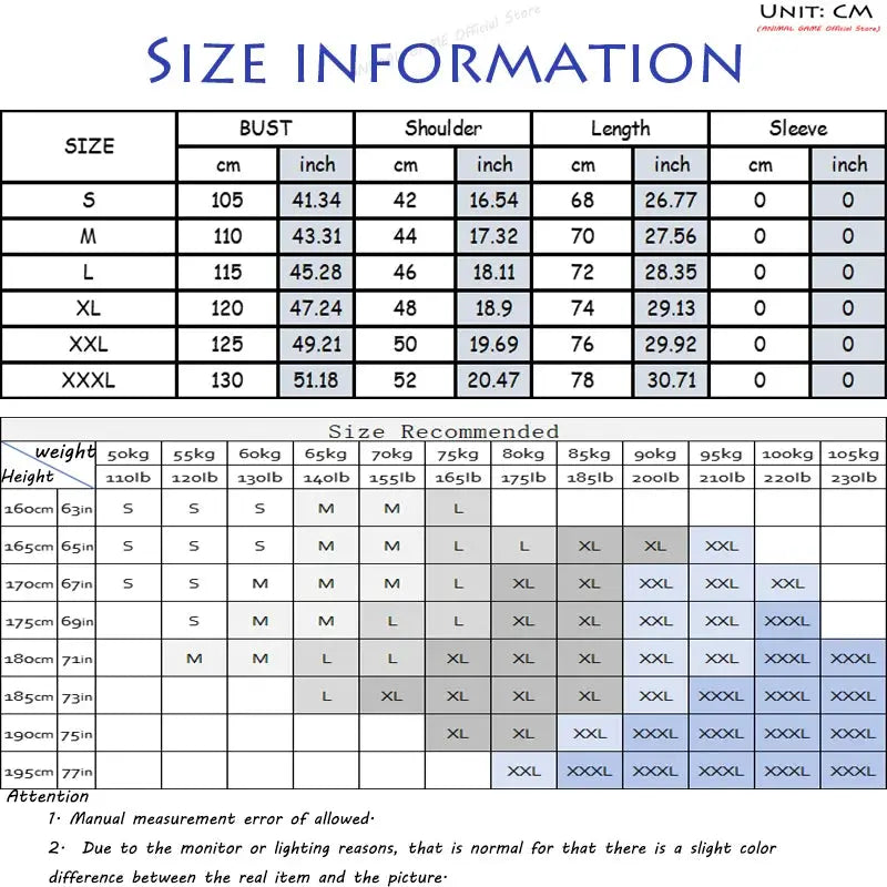 Autumn men's sleeveless zip jacket size chart by Simples Market