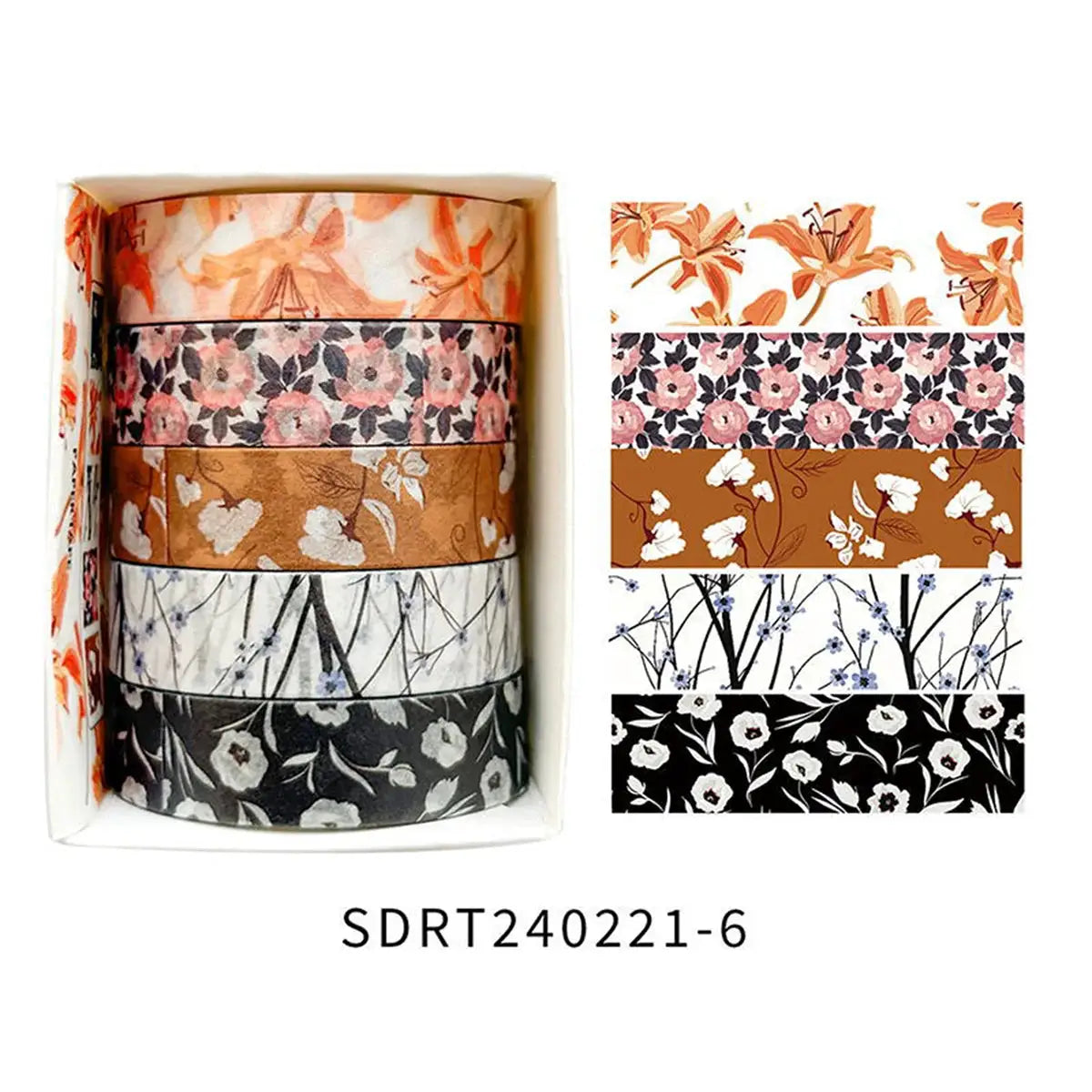 Boxed floral washi tape set, 5 rolls for students, with pink, orange, and brown floral designs