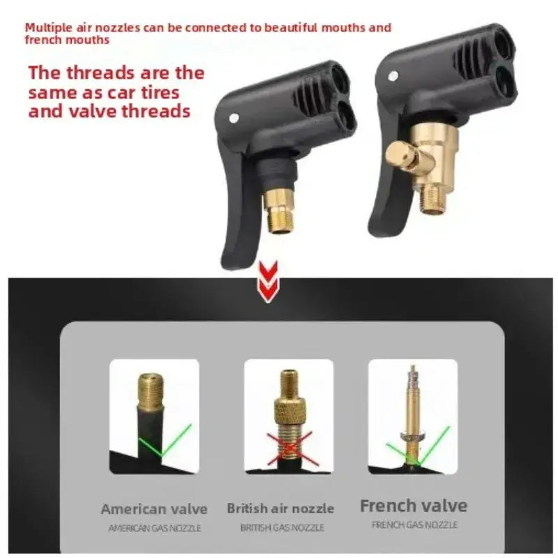 Simples Market 2-in-1 bicycle pump nozzle hose adapter air chuck inflator with brass fittings; two black plastic chucks