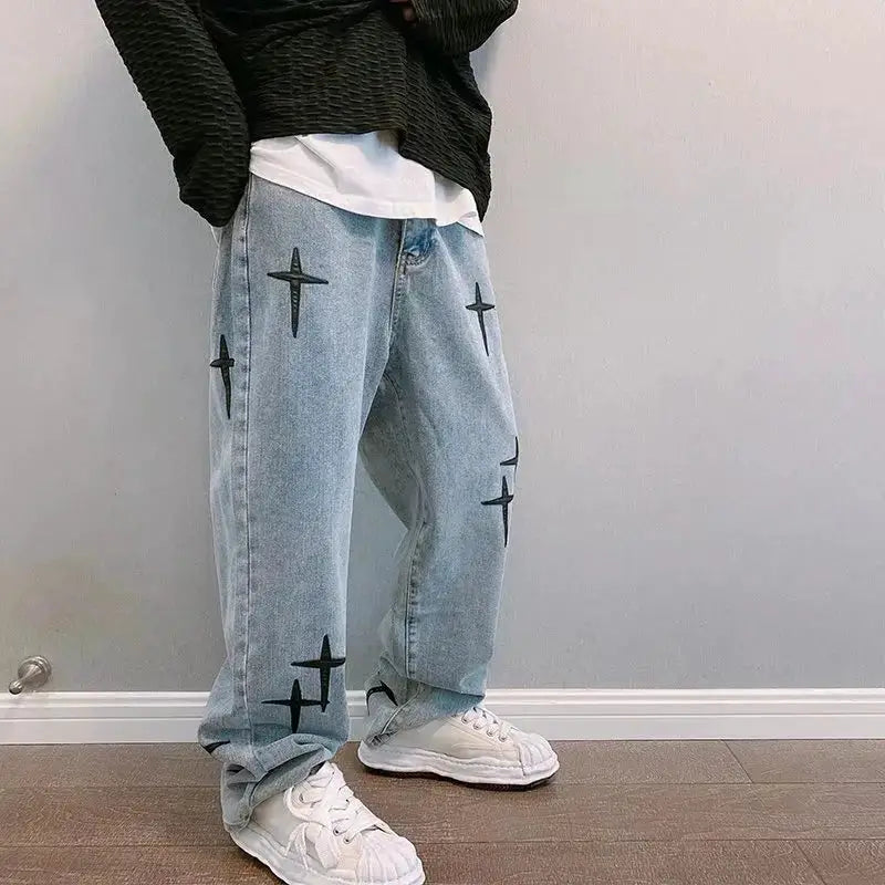 Men Baggy Wide Leg Denim Jeans Cargo Pants 2023 Korean Fashion