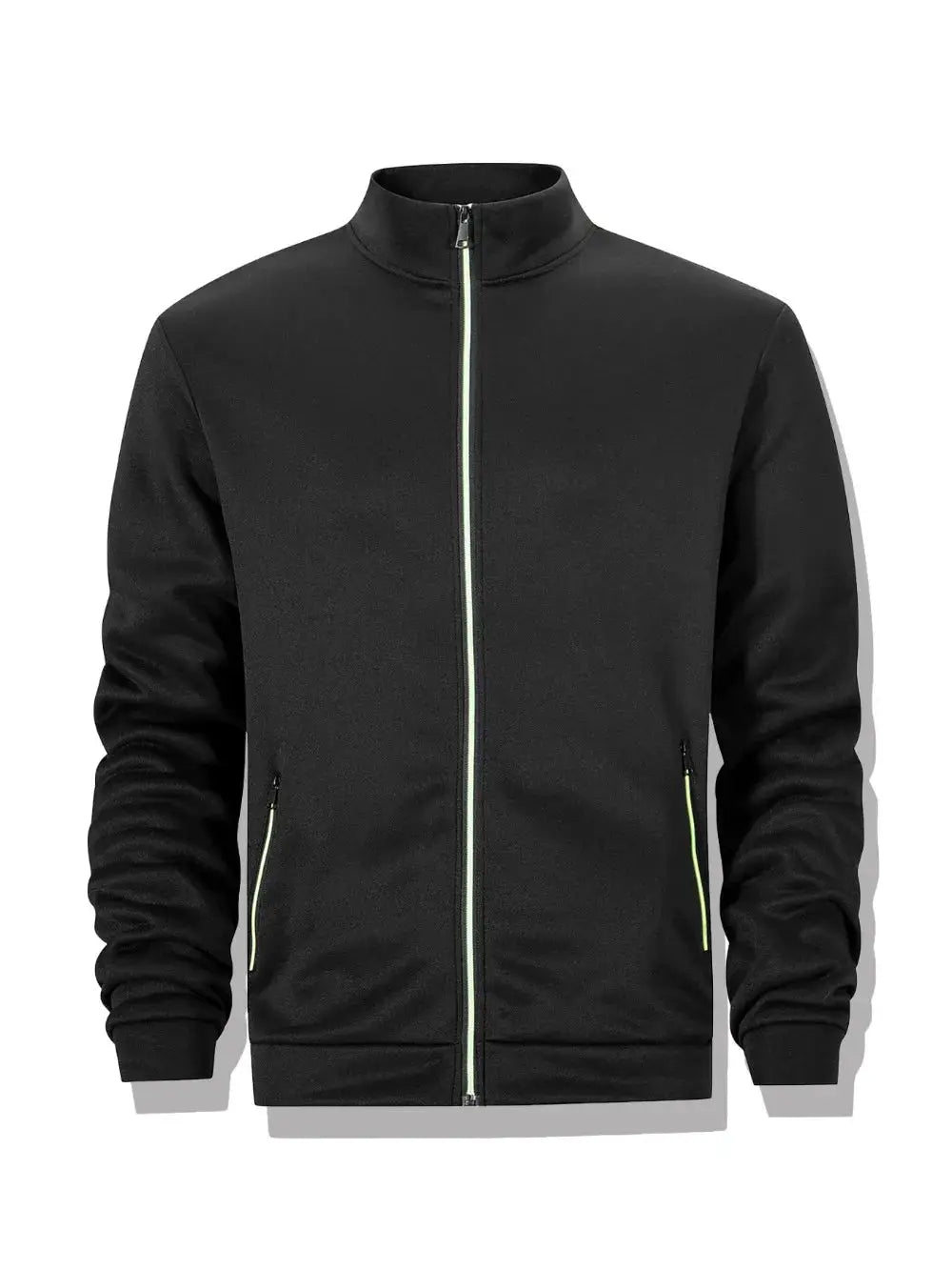 Men's black full-zip sweatshirt jacket with stand collar and neon-green zipper accents