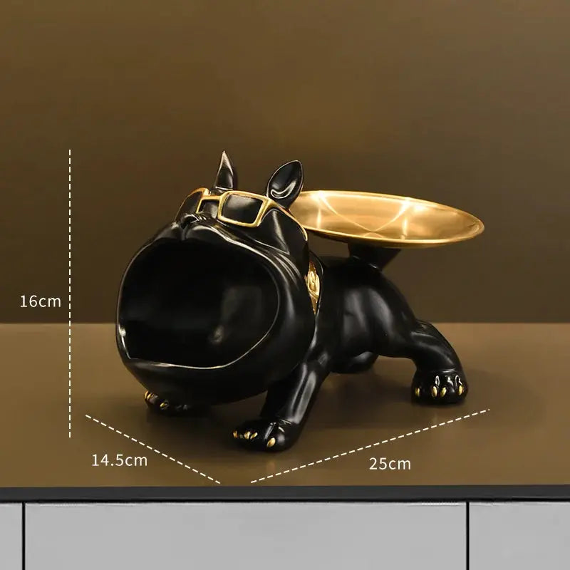 Bulldog resin statue with gold storage tray, black finish, 16 cm tall, Simples Market