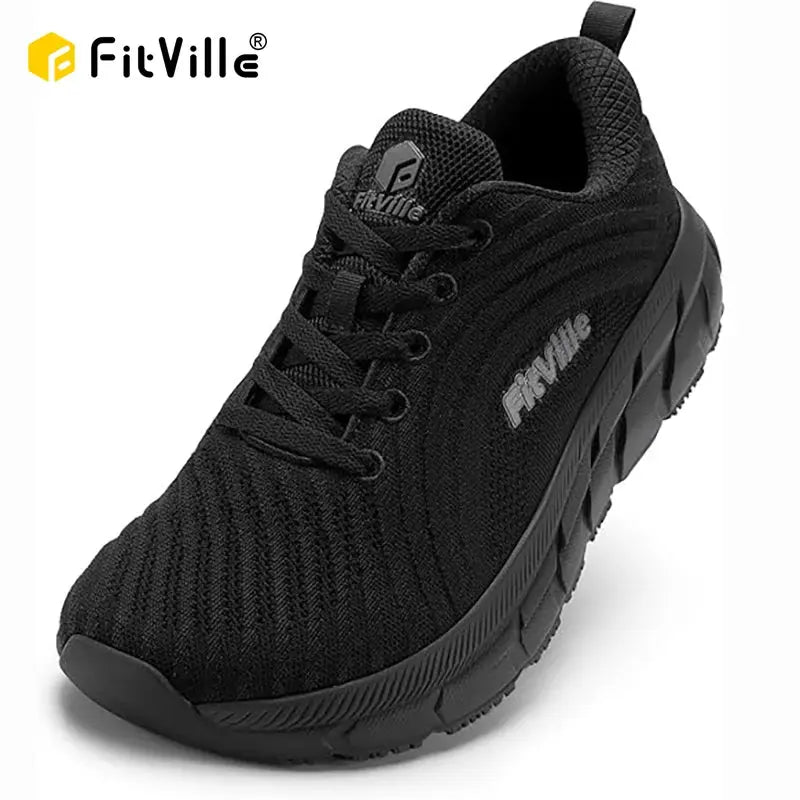 FitVille men's wide toe box running shoe, black, cushioned, extra-wide, non-slip, breathable