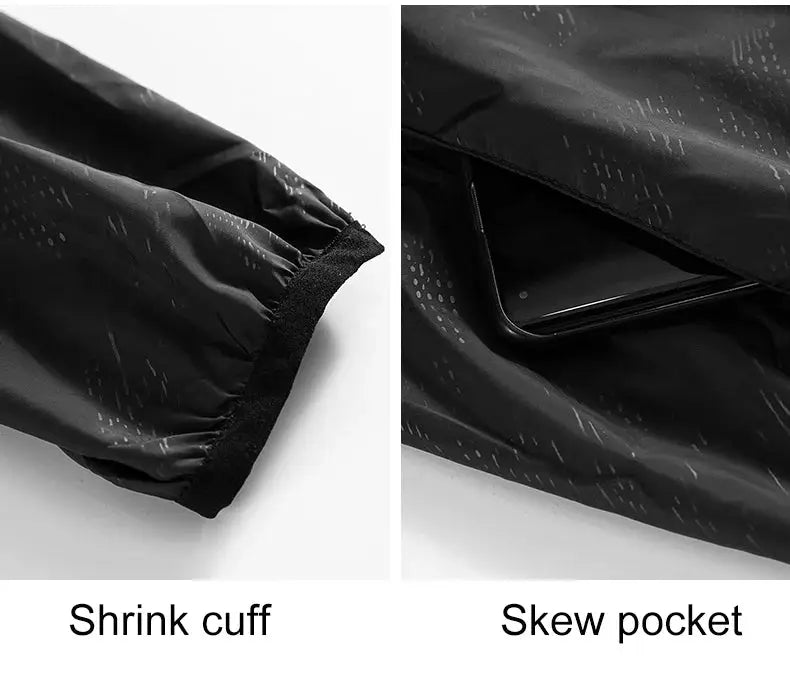 LNGXO waterproof hiking jacket, black unisex windbreaker with shrink cuffs and skew pocket.