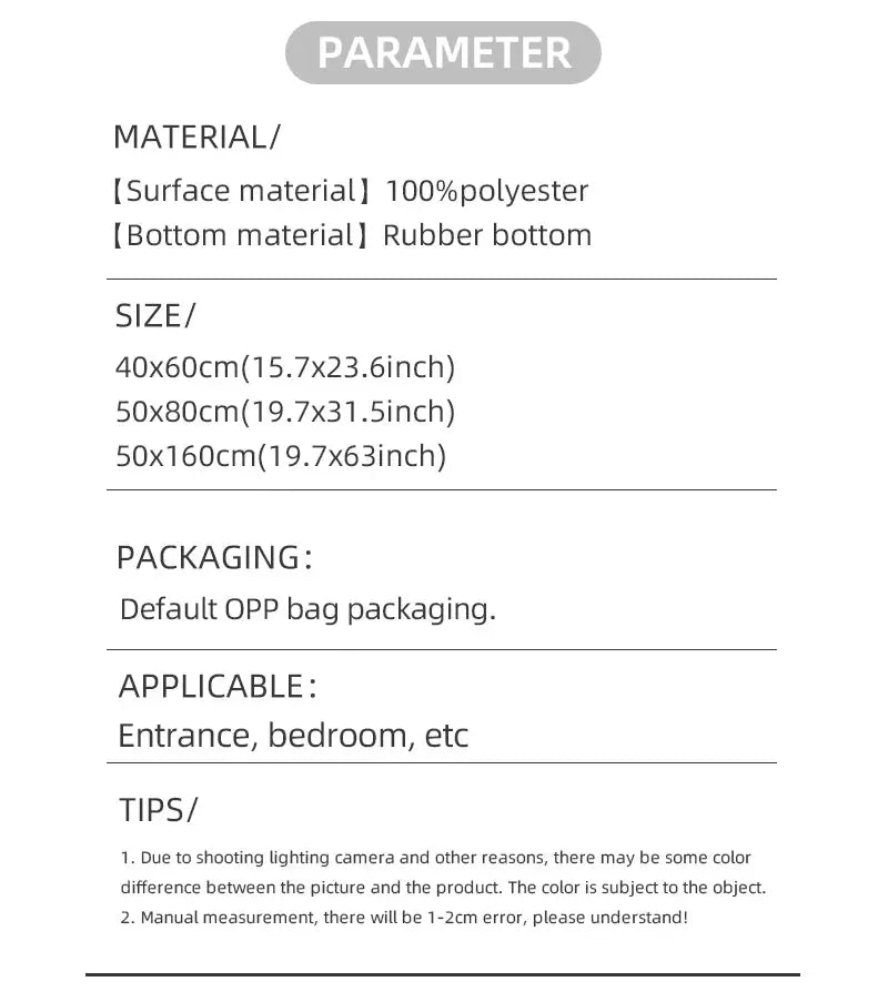 Simples Market 1Pcs kitchen floor mat parameters: polyester surface, rubber bottom, anti-skid, sizes 40x60-50x160 cm.
