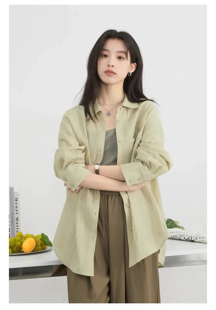CHIC VEN women's beige oversized long-sleeve shirt blouse with relaxed fit, paired with olive-brown wide-leg pants
