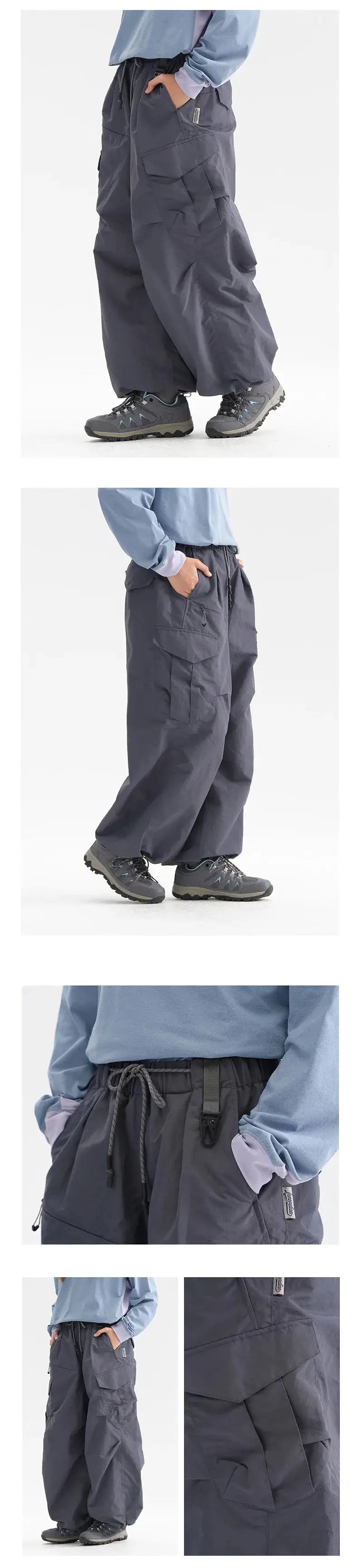 Simples Market Ultra Loose Outdoor Cargo Pants, dark gray, waterproof quick-dry fabric with multiple pockets.
