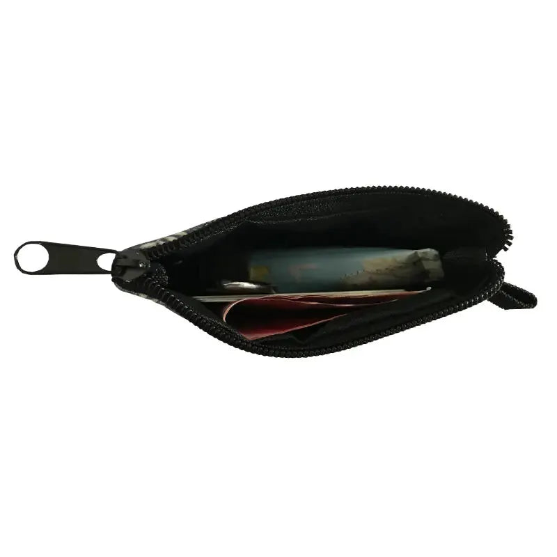 Simples Market coin purse, black zippered pouch opened to reveal cards and small items