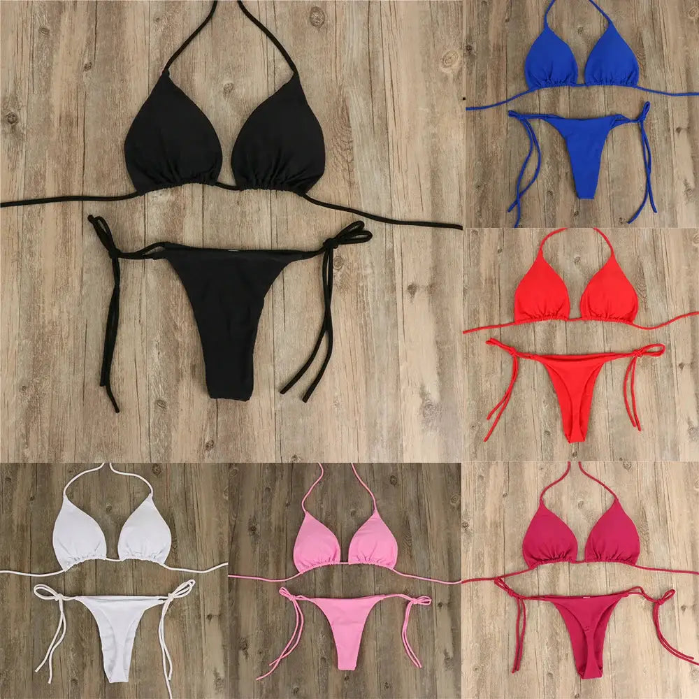 Women's tie thong bikini set; black top with adjustable side ties, multi-color display
