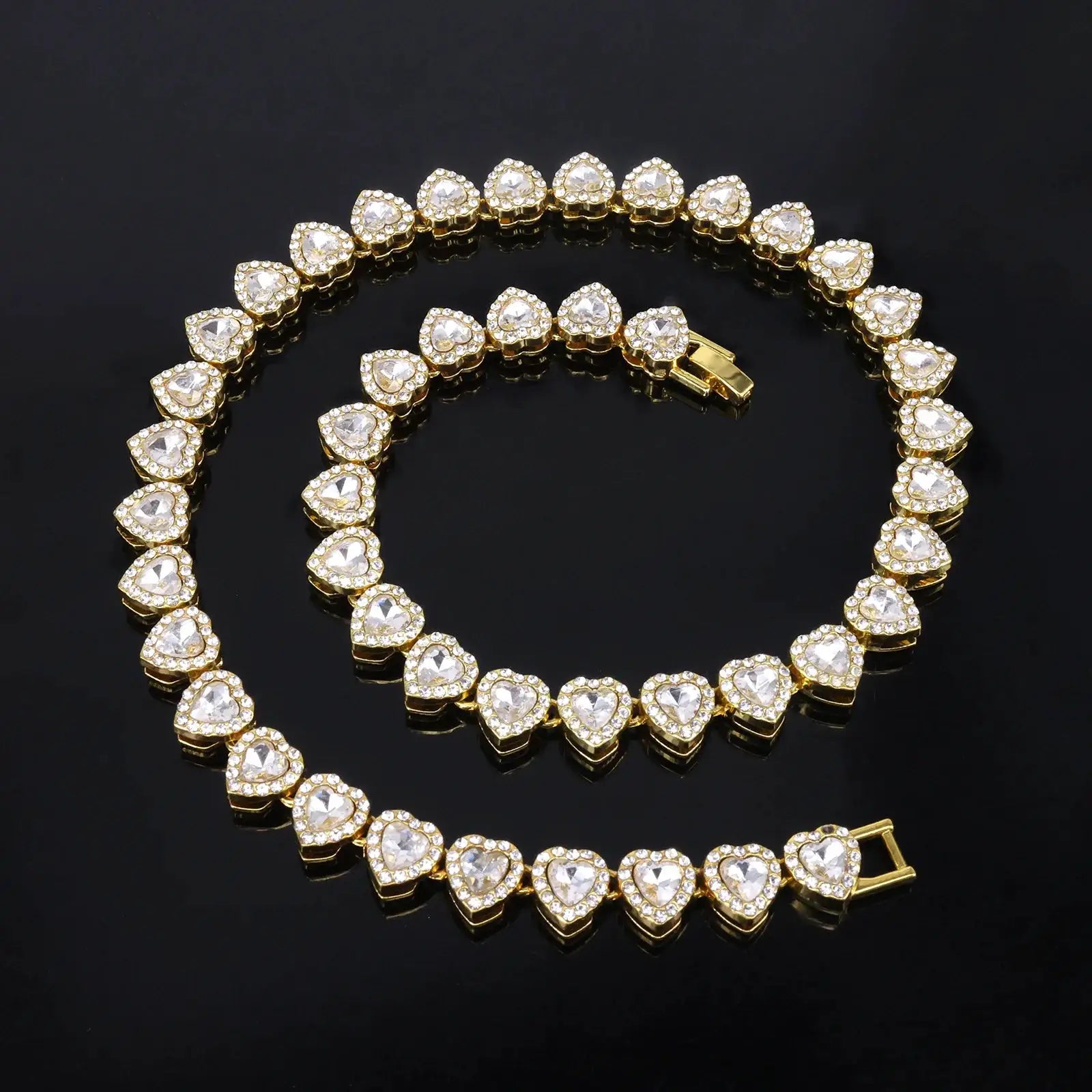 Yupsk 45cm 20cm Shiny Heart Rhinestone Hip Hop Rock Tennis Chain Bracelet Necklace Women Men Trendy Jewelry Set Gift