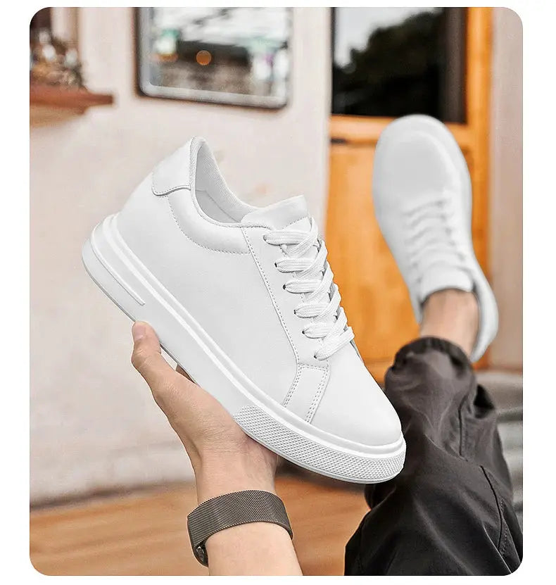 Pair of men's white leather elevator sneakers with height-increasing insole, Simples Market