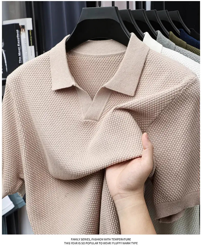 Polo shirt by Simples Market, 100% cotton short-sleeve knitted beige on a hanger with other colors visible