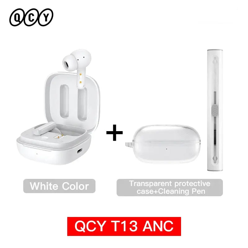 QCY T13 ANC wireless earbuds in white with charging case, plus transparent protective case and cleaning pen (3pc).