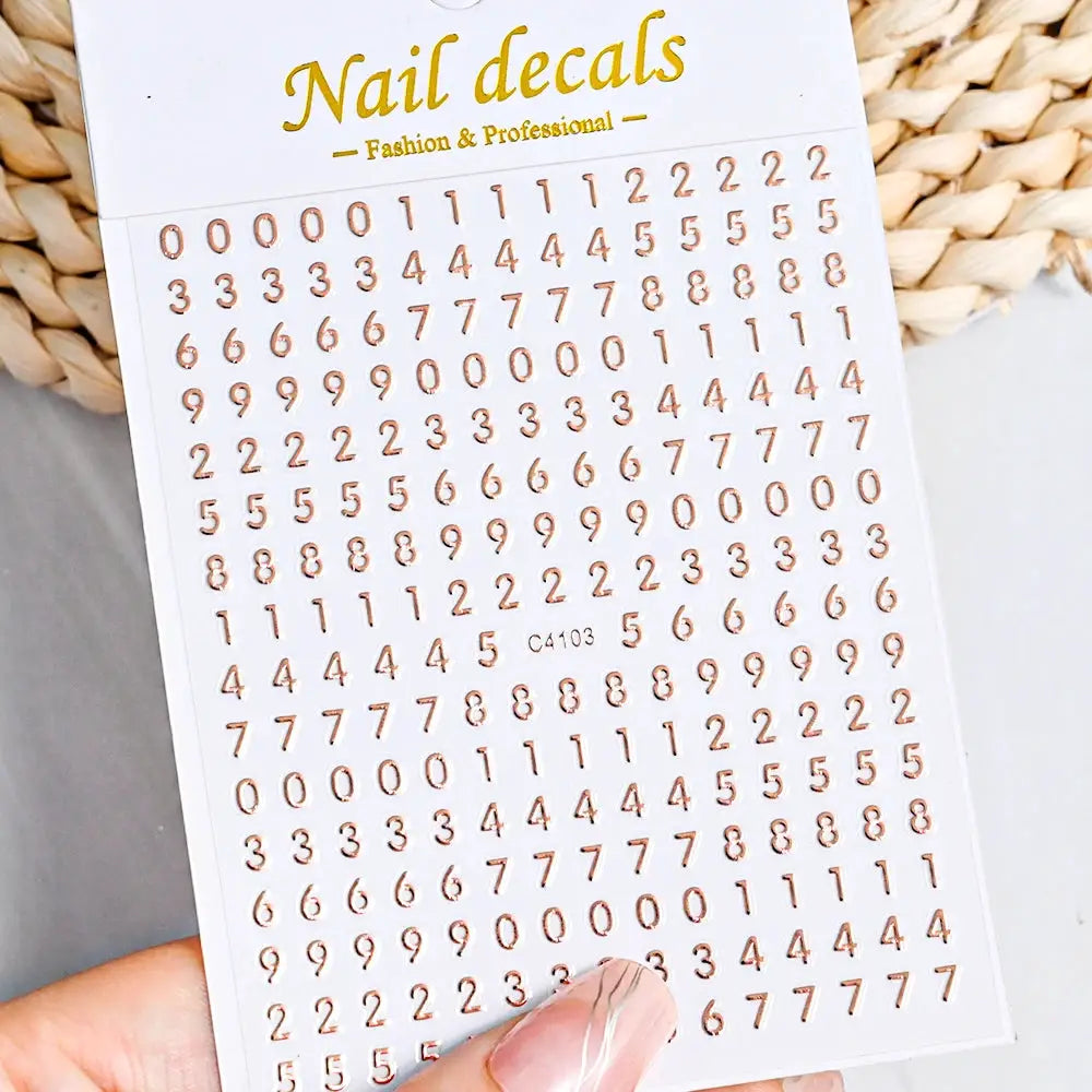 Nail decals sheet rose-gold 3D numerals by Simples Market for DIY manicure