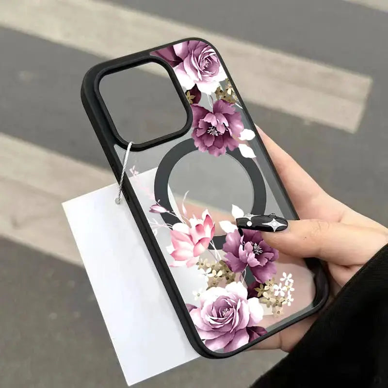 Phone case by Simples Market in lavender pink floral print with black bumper for iPhone 11–17 Pro Max wireless charging