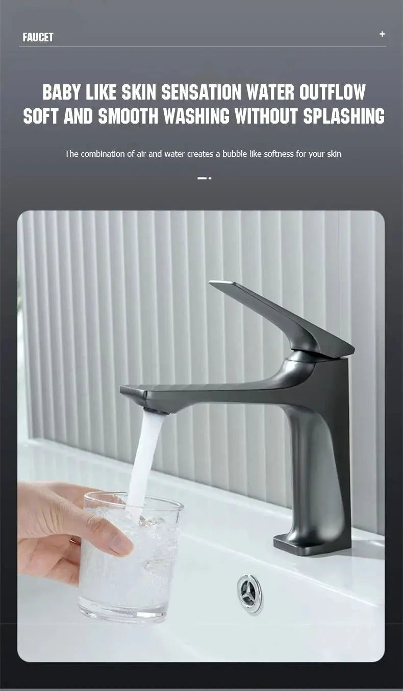 Bathroom sink faucet, brass-core modern design, single-handle deck-mounted, gunmetal finish.