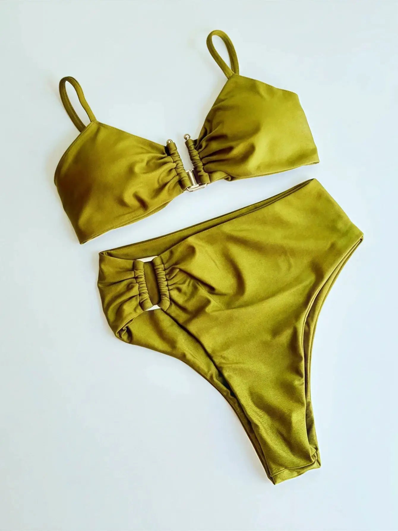 Simples Market 2-piece bandeau bikini set in mustard yellow with ruched front top and ruched-side bottoms.