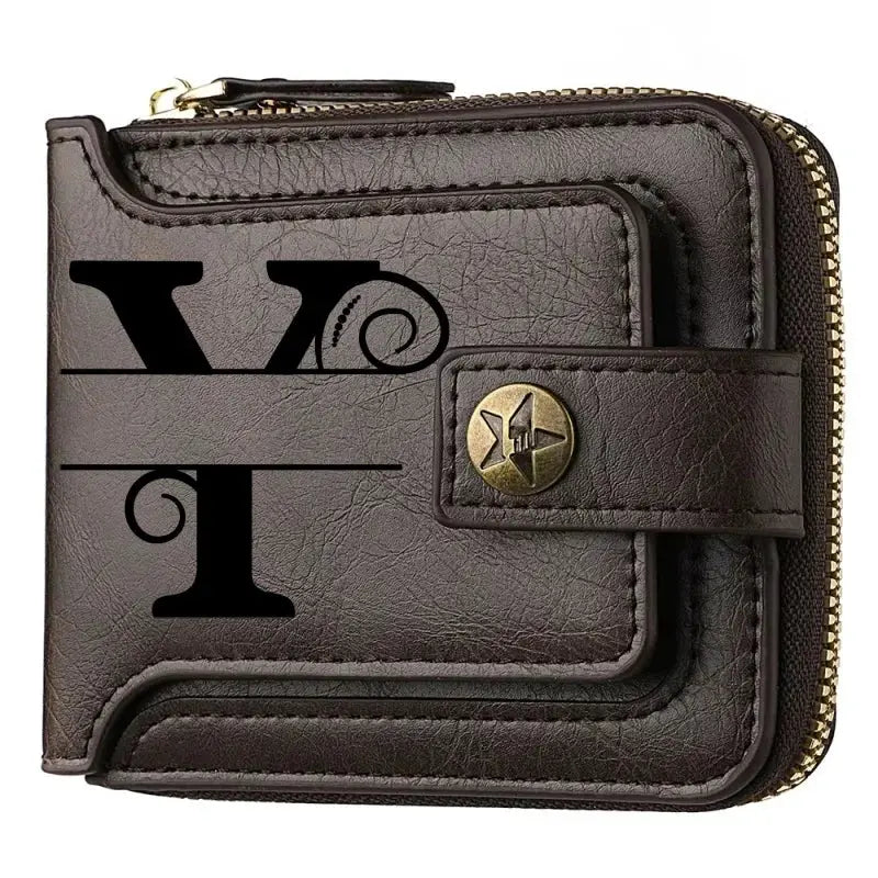 Brown PU leather chain wallet for men with zip-around closure and snap strap; personalized engraving option.