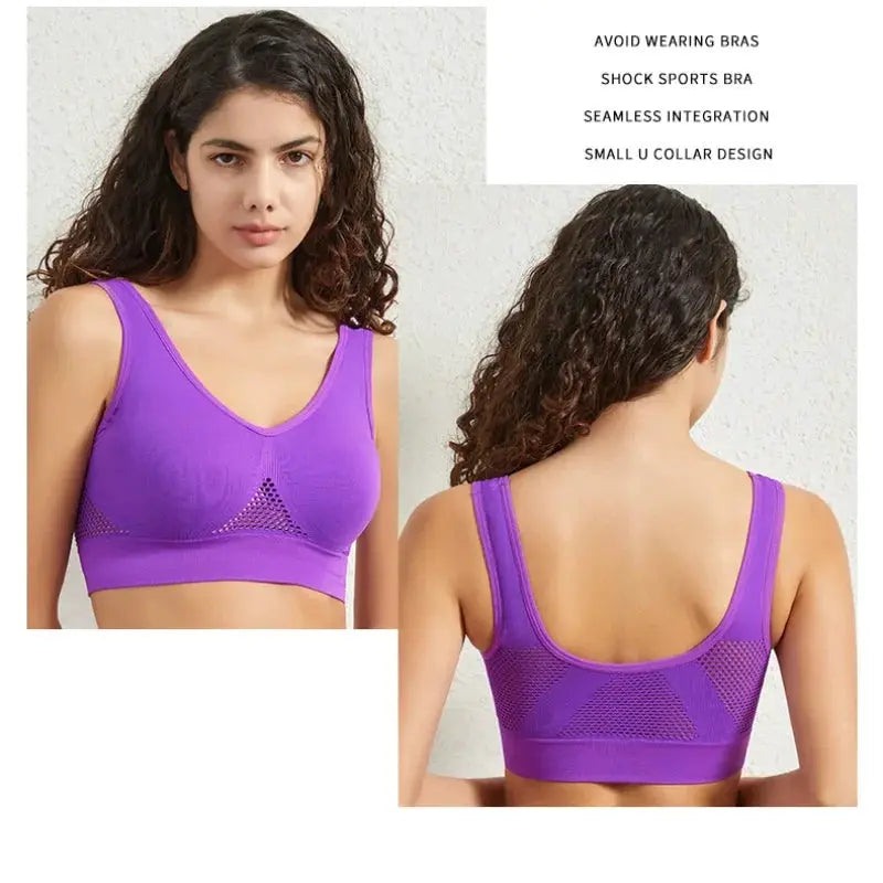 Purple breathable mesh sports bra; seamless non-wire crop top with ribbed band, front and back views.