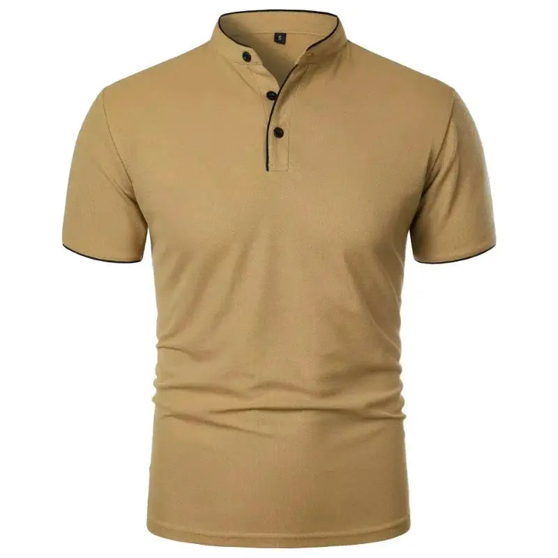Men's beige polo shirt by Simples Market with short sleeves, collar, and button placket