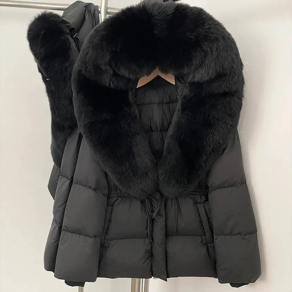 Womens Real Fox Fur Collar Duck Down Coat With Raccoon Fur Trim Hooded Puffer Jacket