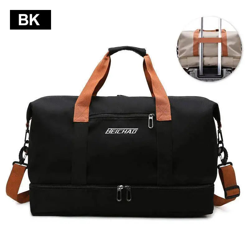 Travel gym bag black with brown handles, compact carry-on duffle for workouts