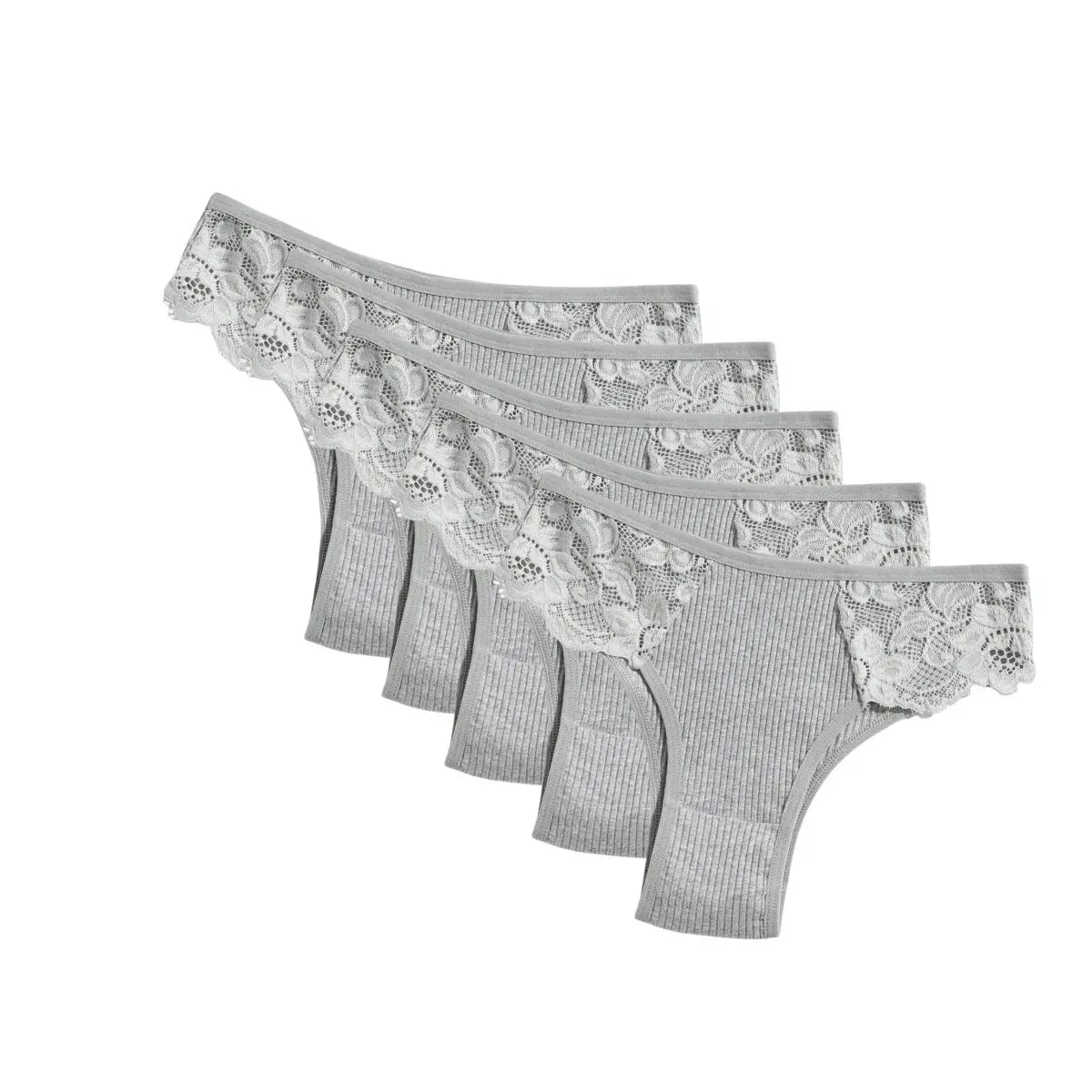 5-pack grey cotton panties with floral lace side panels, low-rise ribbed briefs by Simples Market