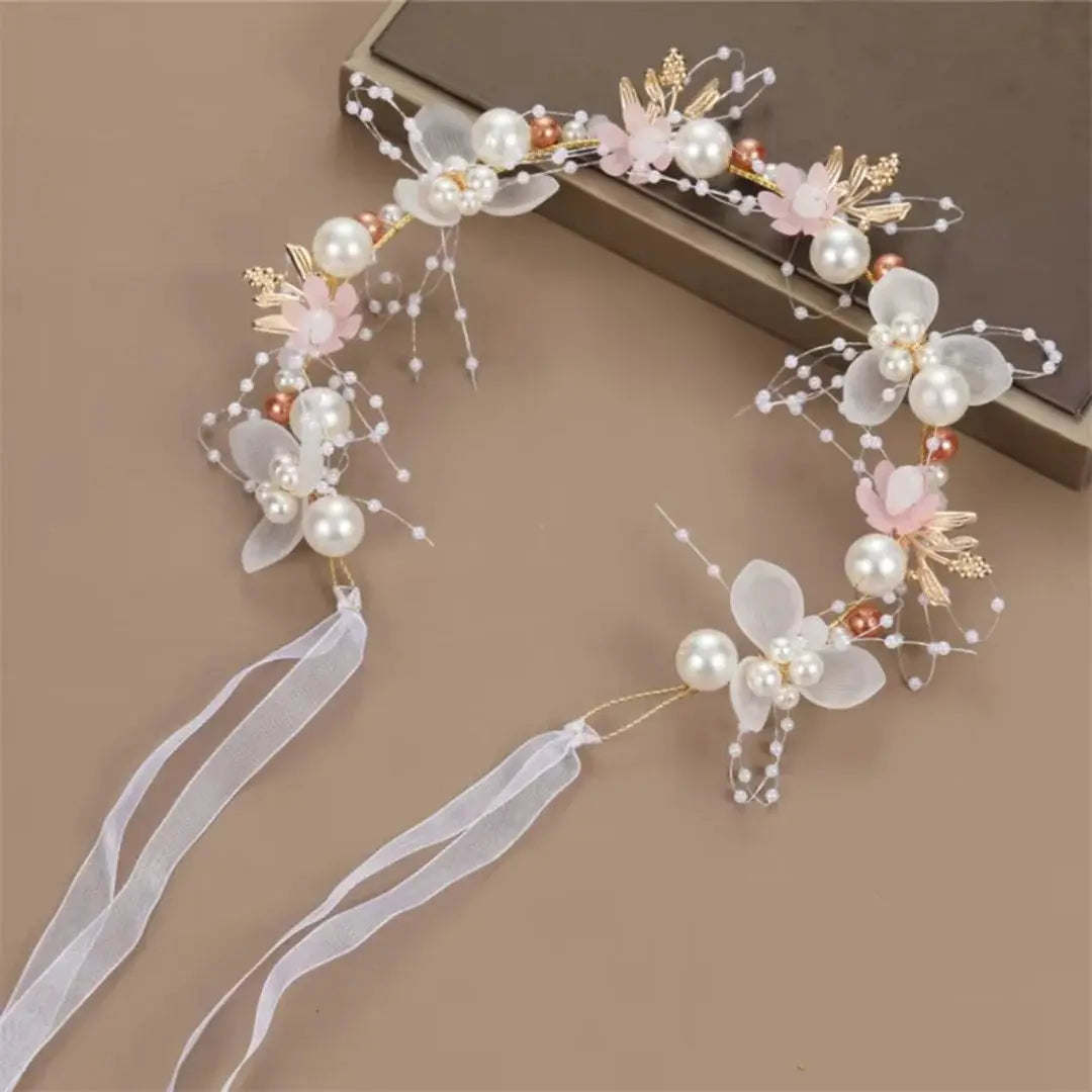 Spring bohemian pearl hair crown for girls with pearl beads, pink flowers, and white ribbon decorative bridal wreath