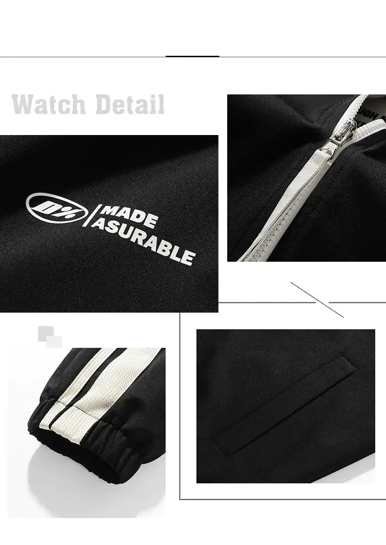 Simples Market black two-sided reversible jacket with white zipper, elastic cuffs, and pocket detail.