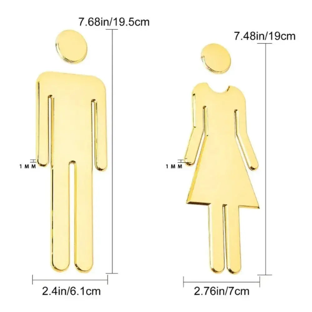 Gold 3D DIY toilet door signs, male and female figures, 2-pack removable wall decor.