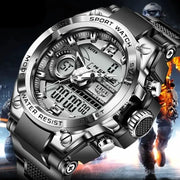 LIGE men's military sport watch with digital LED display, stainless steel band, 50m water resistant