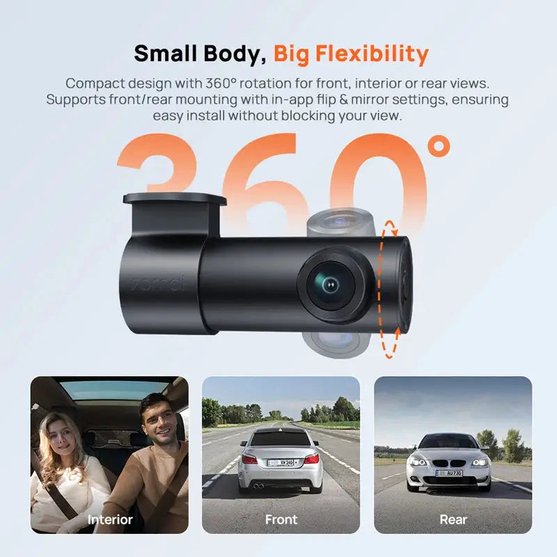70mai M310 Plus 2K dash cam by Simples Market, black car DVR with 360° rotation and front/rear views