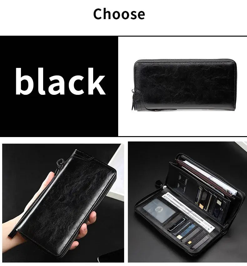 Men's long zipper PU leather wallet with RFID blocking, black, Simples Market