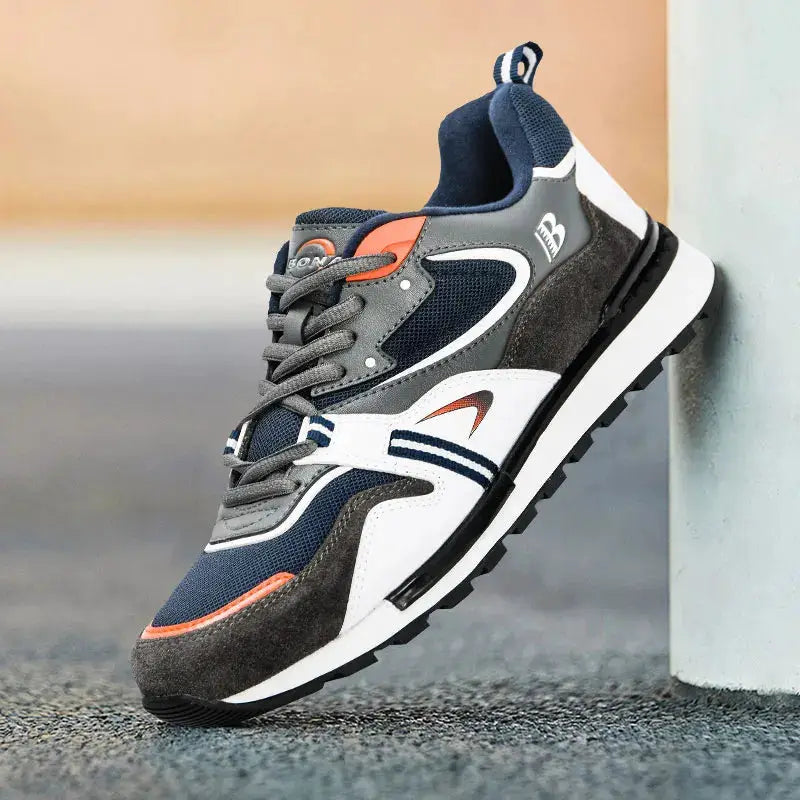 BONA men's action leather sport sneakers in navy, gray, white with orange accents; logo visible