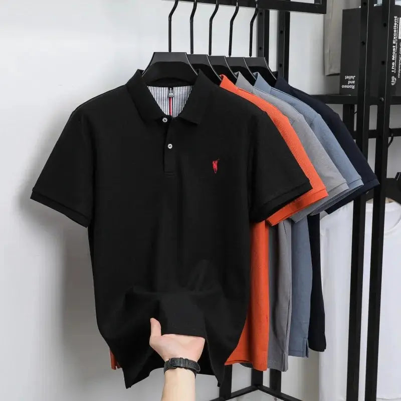 Polo shirt, black 100% cotton with red pony embroidery, Simples Market casual golf polo on display rack