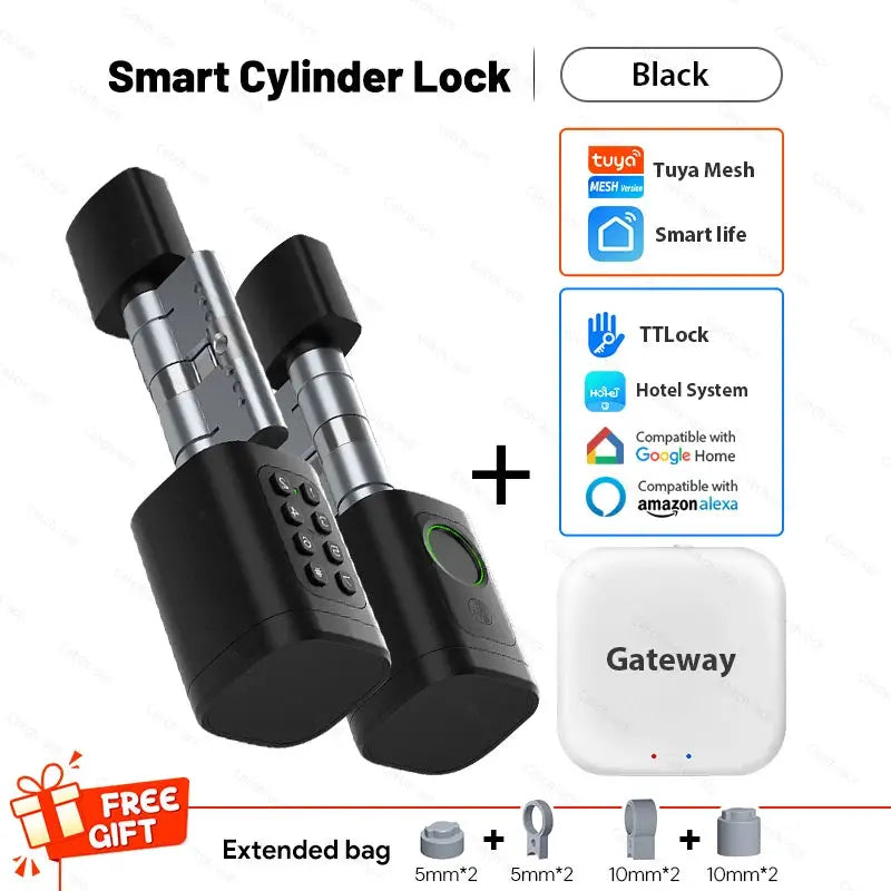 Smart Cylinder Lock by Simples Market, black with keypad and fingerprint, Tuya/TTLock compatible; includes white Gateway