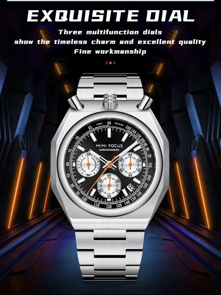 MINI FOCUS chronograph men's wristwatch, stainless steel bracelet, black dial with orange subdials and date window