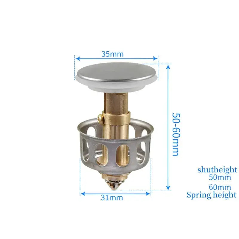 Basin drain stopper by Simples Market, universal metal pop-up valve with hair catcher, 35mm cap, 50–60mm height.