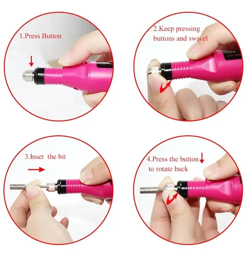 Gel nail drill kit pink handpiece with metal bit and four-step instructions