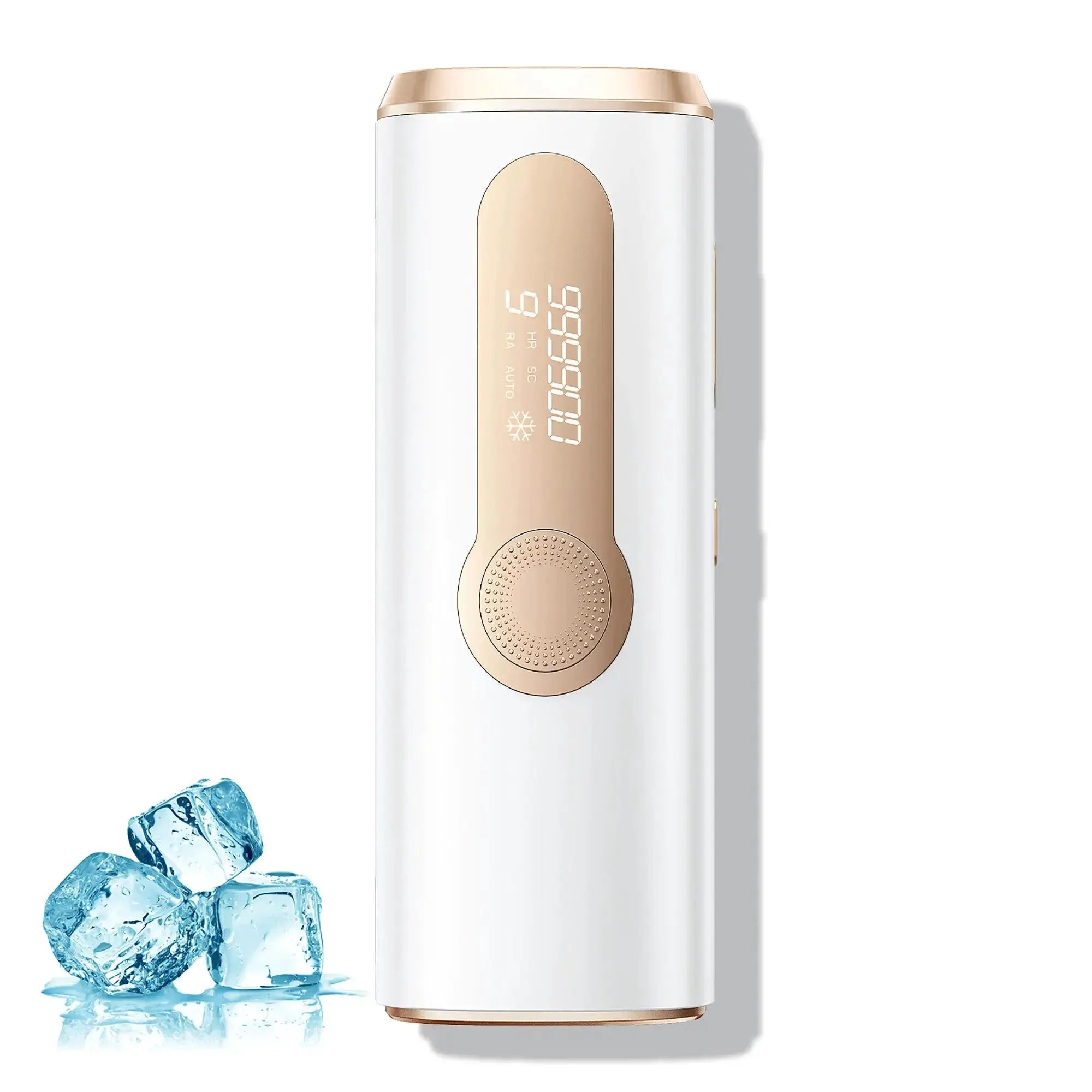 IPL hair removal device by Simples Market, white with rose-gold accents, ice-cooling 3-in-1 for home use.