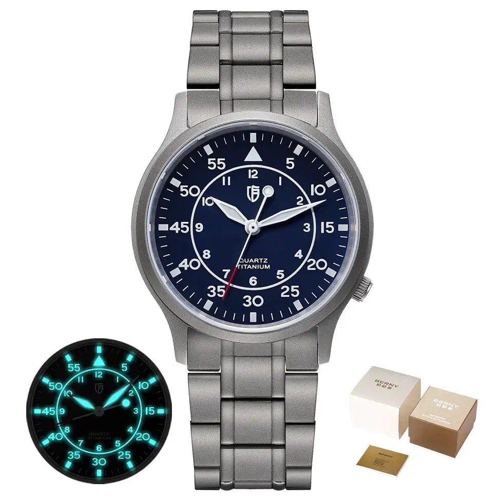 BERNY titanium men's watch with blue dial and titanium bracelet, 5ATM waterproof