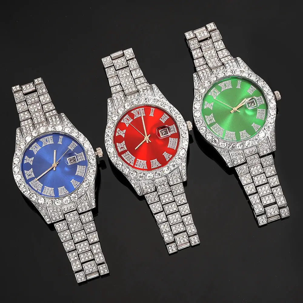 UrbanPulse Mens Hip Hop Silver Watch Set With Diamond Inlay Cuban Chain And Bracelet Adjustable Gift
