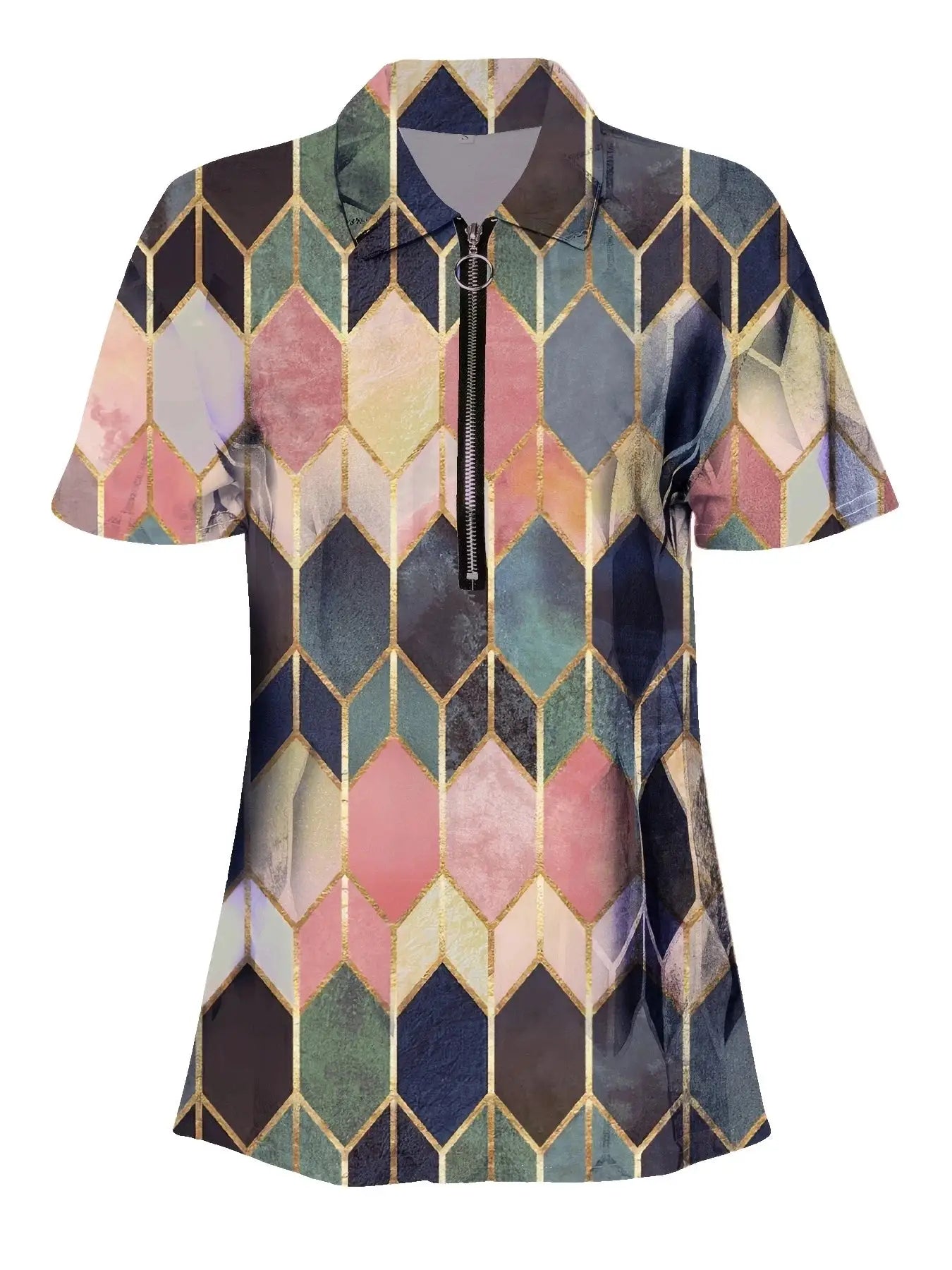 Versatile All Season Women's Polo Shirt With Zip And Geometric Pattern