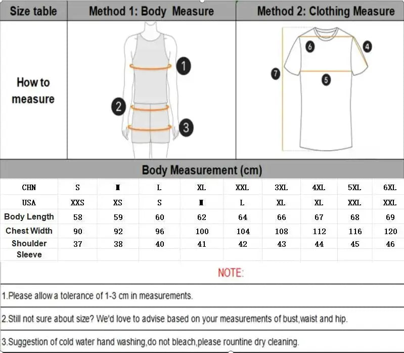 Men's denim vest size chart showing body measurements in cm and CHN/USA size mapping.