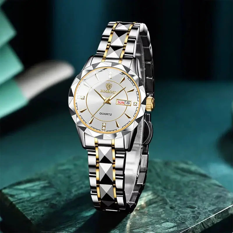 BINBONG women's two-tone stainless steel waterproof quartz wristwatch with date window