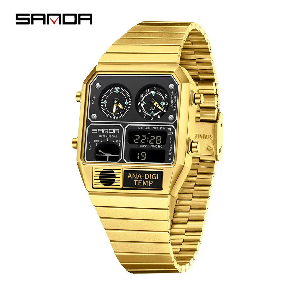 Sanda 3192 Mens Square Digital Analog Watch Waterproof Led Thermometer Stopwatch Sporty Durable Timepiece
