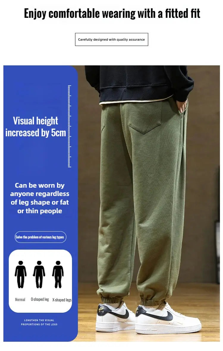 Men's olive green jogger sweatpants with drawstring, loose fit and elastic cuffs, plus size 8XL