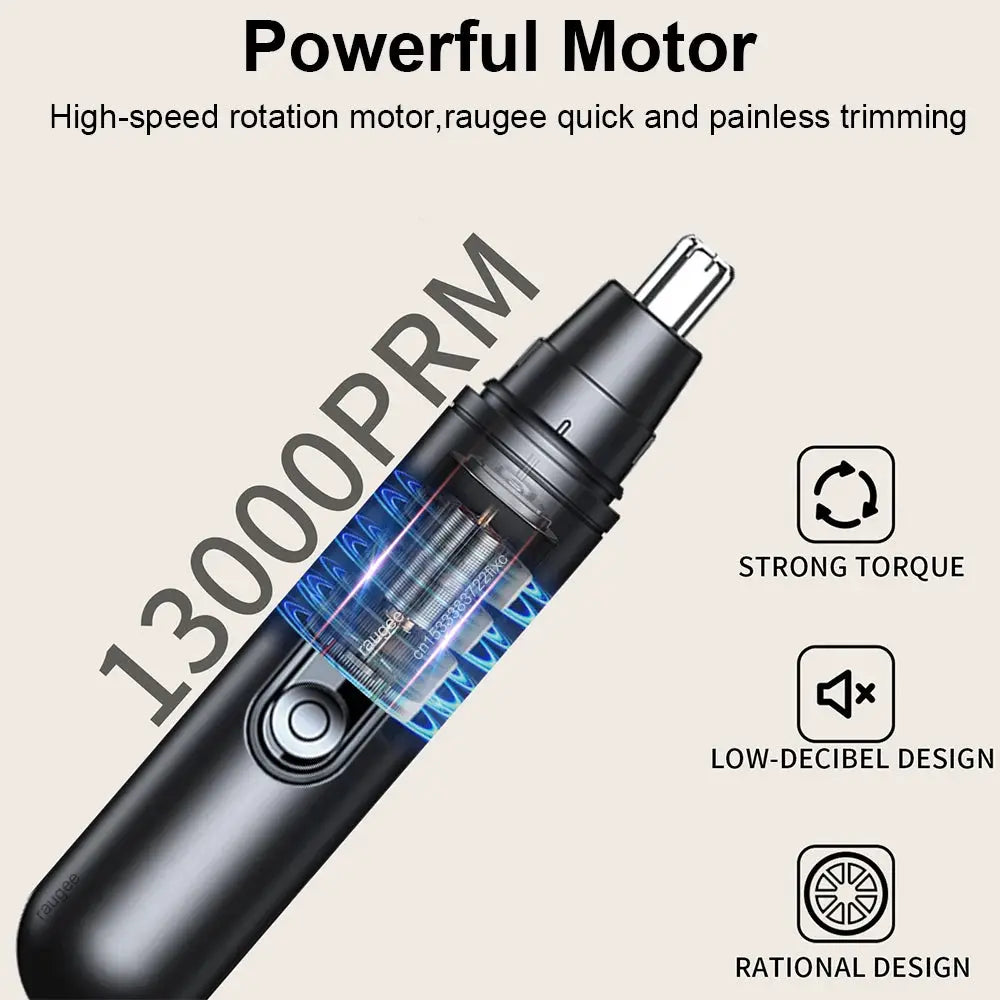 Mini portable nose hair trimmer, black with blue interior, 13000 RPM