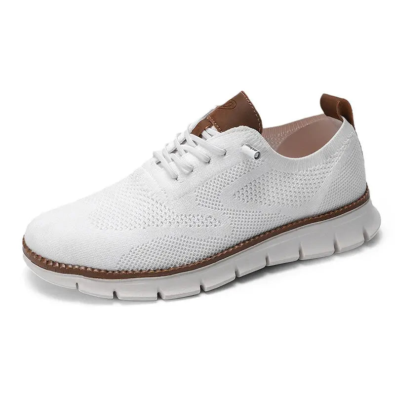 Plus-size mens white mesh casual shoes, breathable non-leather sneakers with brown trim and segmented sole
