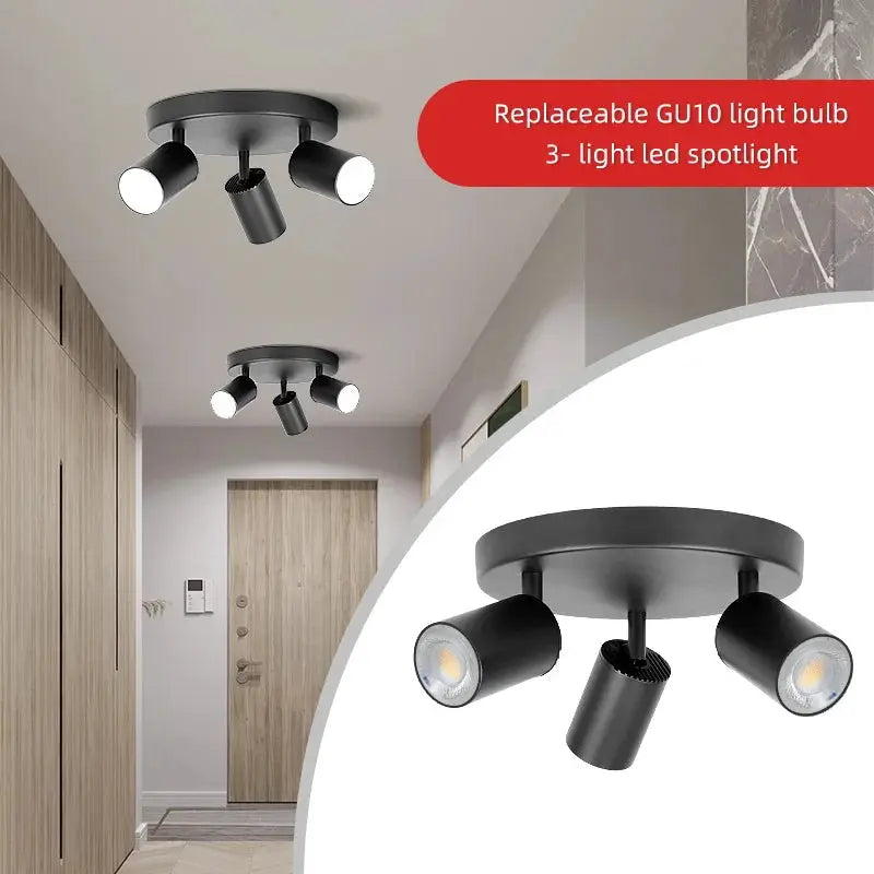 Simples Market modern GU10 LED spotlight ceiling light with 3 adjustable black cylindrical heads on a round base